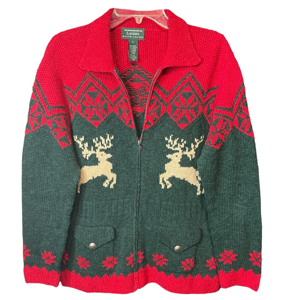 Lauren Ralph Lauren Red and Green Zip-Front Holiday Reindeer Cardigan